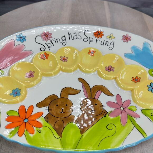 Colorful CRACKER BARREL Ceramic Egg Plate Bunny Flowers 'SPRING HAS SPRUNG' 13" - Picture 5 of 7